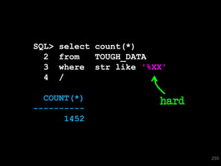 SQL>   select count(*)
  2    from   TOUGH_DATA
  3    where str like '%XX'
  4    /

  COUNT(*)               hard
----------
      1452



                                259
 