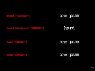 count("GENDER")            one pass

count(distinct "GENDER")    hard

min("GENDER")              one pass

max("GENDER")              one pass

                                      278
 