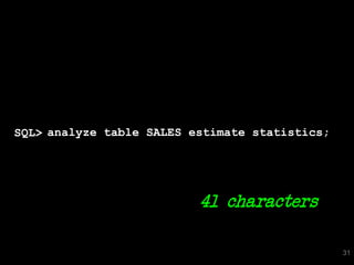 SQL> analyze table SALES estimate statistics;




                          41 characters

                                                31
 