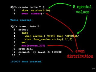 SQL> create table T (                   5 special
  2    skew varchar2(10),
  3    even number);                     values
Table created.

SQL>   insert into T
  2    select
  3      case
  4        when rownum > 99995 then 'SPECIAL'
  5        else dbms_random.string('U',8)
  6      end,
  7      mod(rownum,200)
  8    from dual
  9    connect by level <= 100000          even
 10    /
                                    distribution
100000 rows created.

                                                    314
 