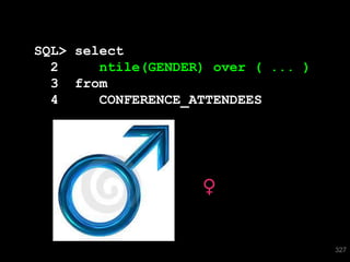 SQL> select
  2     ntile(GENDER) over ( ... )
  3 from
  4     CONFERENCE_ATTENDEES




                                     327
 