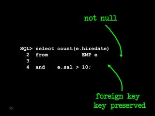 not null


     SQL>   select   count(e.hiredate)
       2    from     DEPT d, EMP e
       3    where    e.deptno = d.deptno(+)
       4    and      e.sal > 10;




                                foreign key
55                              key preserved
 