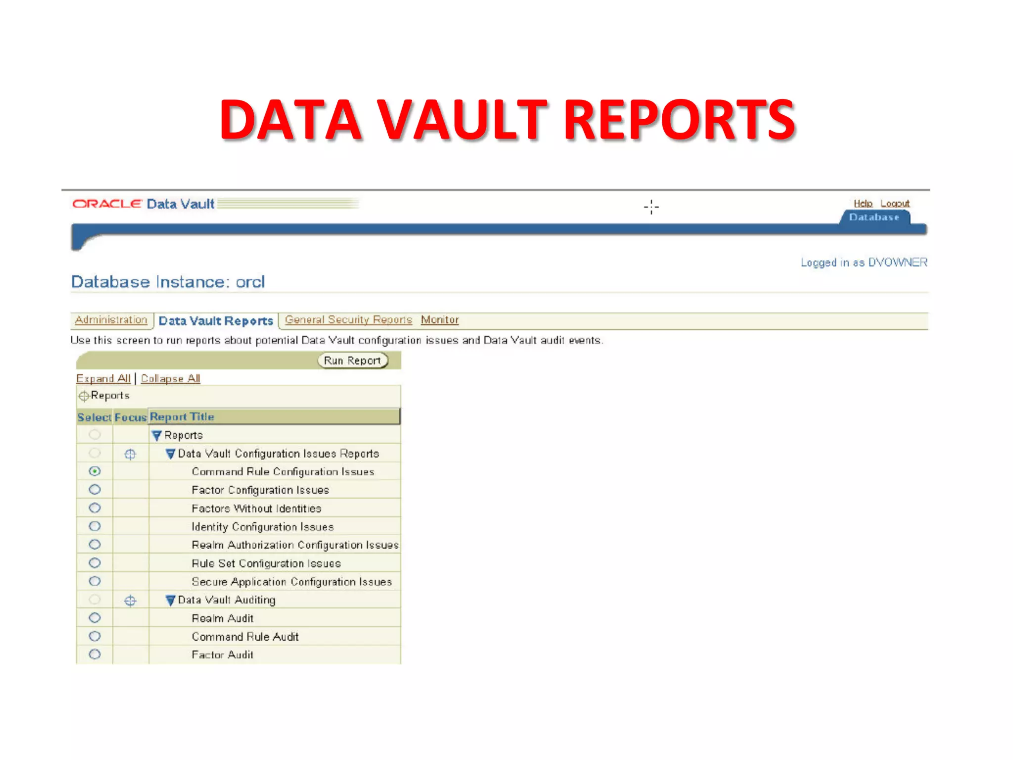 DATA	
  VAULT	
  REPORTS	
  
 