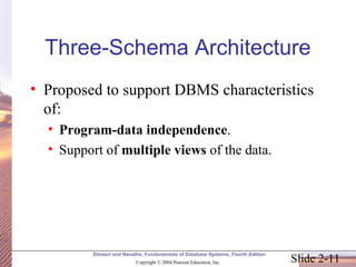 Slide 2-11
Elmasri and Navathe, Fundamentals of Database Systems, Fourth Edition
Copyright © 2004 Pearson Education, Inc.
Three-Schema Architecture
• Proposed to support DBMS characteristics
of:
• Program-data independence.
• Support of multiple views of the data.
 