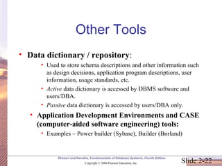 Slide 2-22
Elmasri and Navathe, Fundamentals of Database Systems, Fourth Edition
Copyright © 2004 Pearson Education, Inc.
Other Tools
• Data dictionary / repository:
• Used to store schema descriptions and other information such
as design decisions, application program descriptions, user
information, usage standards, etc.
• Active data dictionary is accessed by DBMS software and
users/DBA.
• Passive data dictionary is accessed by users/DBA only.
• Application Development Environments and CASE
(computer-aided software engineering) tools:
• Examples – Power builder (Sybase), Builder (Borland)
 