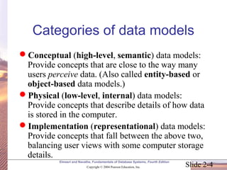 Slide 2-4
Elmasri and Navathe, Fundamentals of Database Systems, Fourth Edition
Copyright © 2004 Pearson Education, Inc.
Categories of data models
Conceptual (high-level, semantic) data models:
Provide concepts that are close to the way many
users perceive data. (Also called entity-based or
object-based data models.)
Physical (low-level, internal) data models:
Provide concepts that describe details of how data
is stored in the computer.
Implementation (representational) data models:
Provide concepts that fall between the above two,
balancing user views with some computer storage
details.
 