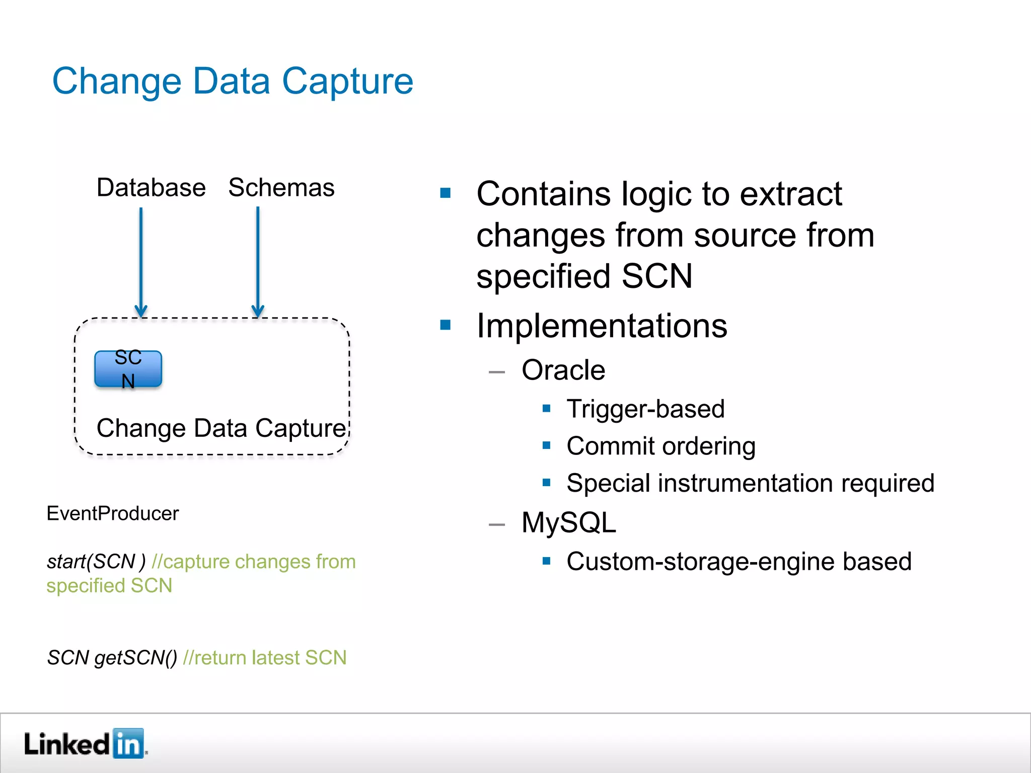 Change Data Capture
 Contains logic to extract
changes from source from
specified SCN
 Implementations
– Oracle
 Trigger-based
 Commit ordering
 Special instrumentation required
– MySQL
 Custom-storage-engine based
EventProducer
start(SCN ) //capture changes from
specified SCN
SCN getSCN() //return latest SCN
Change Data Capture
SC
N
Database Schemas
 