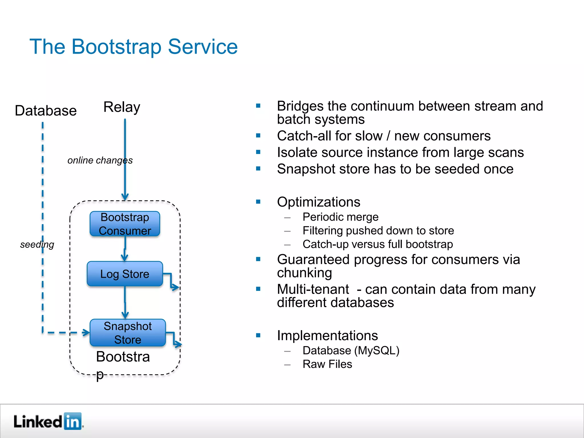 The Bootstrap Service
 Bridges the continuum between stream and
batch systems
 Catch-all for slow / new consumers
 Isolate source instance from large scans
 Snapshot store has to be seeded once
 Optimizations
– Periodic merge
– Filtering pushed down to store
– Catch-up versus full bootstrap
 Guaranteed progress for consumers via
chunking
 Multi-tenant - can contain data from many
different databases
 Implementations
– Database (MySQL)
– Raw Files
Relay
Bootstra
p
Log Store
Snapshot
Store
online changes
Bootstrap
Consumer
seeding
Database
 