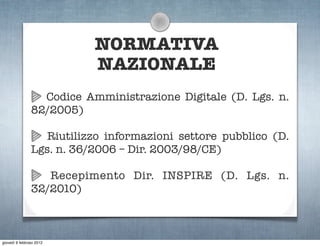 NORMATIVA
                           NAZIONALE
                  Codice Amministrazione Digitale (D. Lgs. n.
                82/2005)

                   Riutilizzo informazioni settore pubblico (D.
                Lgs. n. 36/2006 – Dir. 2003/98/CE)

                   Recepimento Dir. INSPIRE (D. Lgs. n.
                32/2010)



giovedì 9 febbraio 2012
 