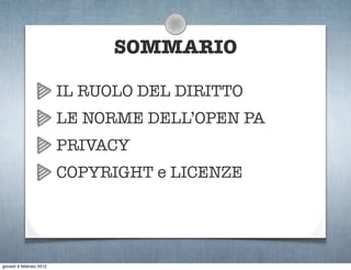 SOMMARIO

                          IL RUOLO DEL DIRITTO
                          LE NORME DELL’OPEN PA
                          PRIVACY
                          COPYRIGHT e LICENZE




giovedì 9 febbraio 2012
 