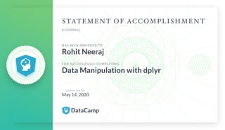 #13920061
HAS BEEN AWARDED TO
Rohit Neeraj
FOR SUCCESSFULLY COMPLETING
Data Manipulation with dplyr
C O M P L E T E D O N
May 14, 2020
 