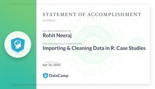 #13608612
HAS BEEN AWARDED TO
Rohit Neeraj
FOR SUCCESSFULLY COMPLETING
Importing & Cleaning Data in R: Case Studies
C O M P L E T E D O N
Apr 26, 2020
 