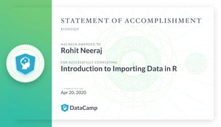#13502329
HAS BEEN AWARDED TO
Rohit Neeraj
FOR SUCCESSFULLY COMPLETING
Introduction to Importing Data in R
C O M P L E T E D O N
Apr 20, 2020
 