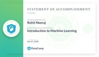 #13242986
HAS BEEN AWARDED TO
Rohit Neeraj
FOR SUCCESSFULLY COMPLETING
Introduction to Machine Learning
C O M P L E T E D O N
Apr 07, 2020
 