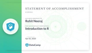 #12844661
HAS BEEN AWARDED TO
Rohit Neeraj
FOR SUCCESSFULLY COMPLETING
Introduction to R
C O M P L E T E D O N
Apr 02, 2020
 