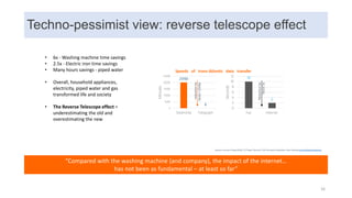 Techno-pessimist view: reverse telescope effect
“Compared with the washing machine (and company), the impact of the internet…
has not been as fundamental – at least so far”
20160
8
0
5000
10000
15000
20000
25000
Steamship Telegraph
Minutes
10
2
0
2
4
6
8
10
12
Fax Internet
Seconds
Speeds of trans-Atlantic data transfer
• 6x - Washing machine time savings
• 2.5x - Electric iron time savings
• Many hours savings - piped water
• Overall, household appliances,
electricity, piped water and gas
transformed life and society
• The Reverse Telescope effect =
underestimating the old and
overestimating the new
reductionby
factor>2500x
Reductionby
factor5x
Sources: Ha-Joon Chang (2010), 23 Things They don’t Tell You about Capitalism; Hans Rossling on the Washing Machine
16
 