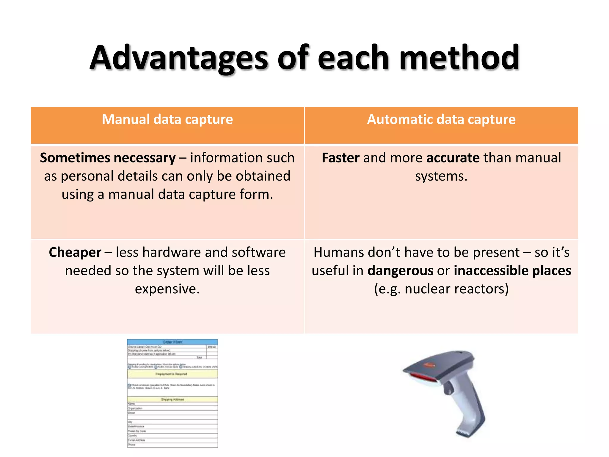 Advantages of each method
         Manual data capture                        Automatic data capture

Sometimes necessary – information such       Faster and more accurate than manual
 as personal details can only be obtained                  systems.
    using a manual data capture form.


 Cheaper – less hardware and software       Humans don’t have to be present – so it’s
   needed so the system will be less        useful in dangerous or inaccessible places
              expensive.                               (e.g. nuclear reactors)
 