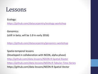 Lessons
Ecology:
https://github.com/datacarpentry/ecology-workshop
Genomics:
(stilll in beta; will be 1.0 in early 2016)
https://github.com/datacarpentry/genomics-workshop
Spatio-temporal lessons
(Developed in collaboration with NEON, alpha phase)
http://github.com/data-lessons/NEON-R-Spatial-Raster
https://github.com/data-lessons/NEON-R-Tabular-Time-Series
https://github.com/data-lessons/NEON-R-Spatial-Vector
 