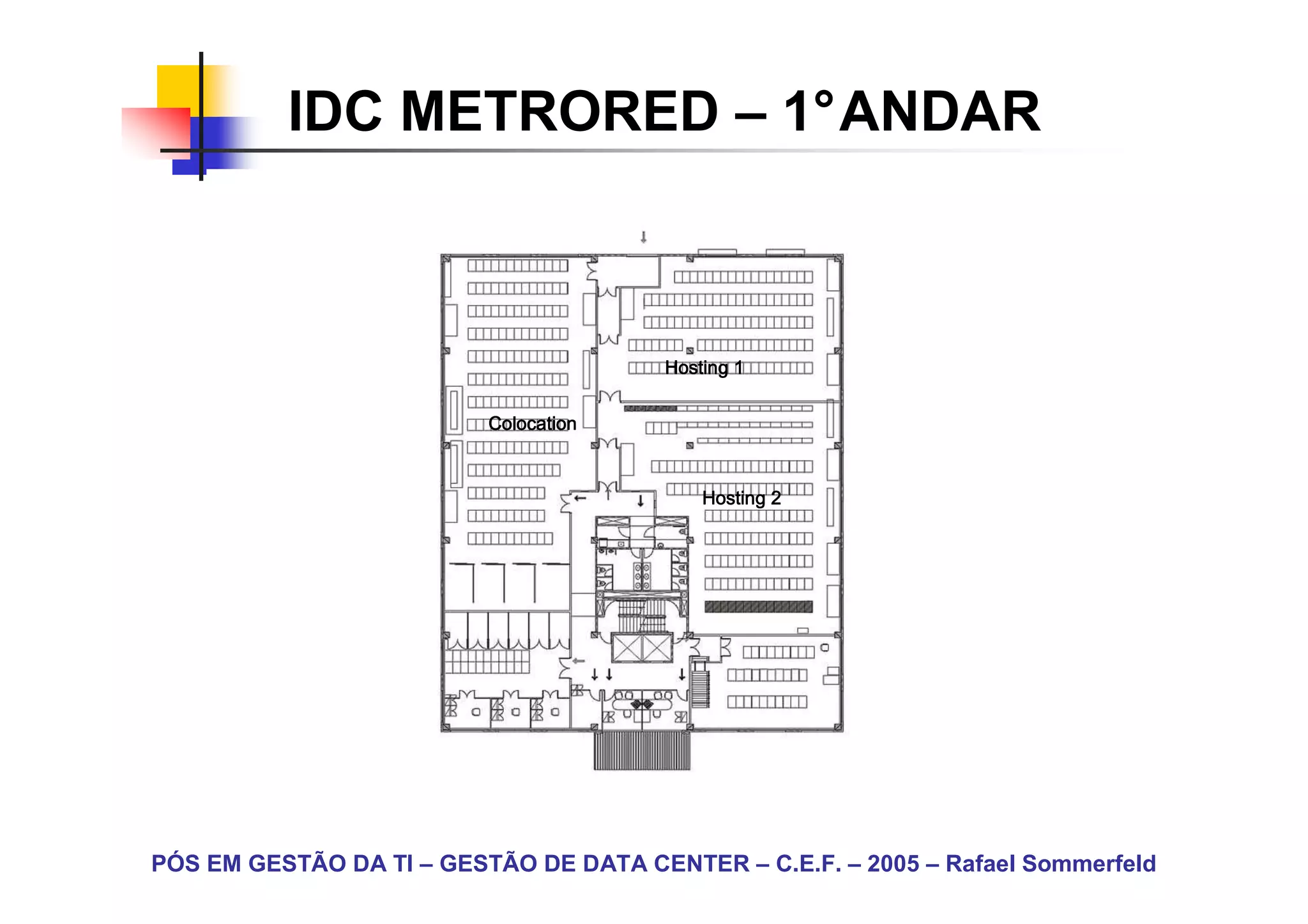 IDC METRORED – 1°ANDAR



                                        Hosting 1


                          Colocation



                                            Hosting 2




PÓS EM GESTÃO DA TI – GESTÃO DE DATA CENTER – C.E.F. – 2005 – Rafael Sommerfeld
 