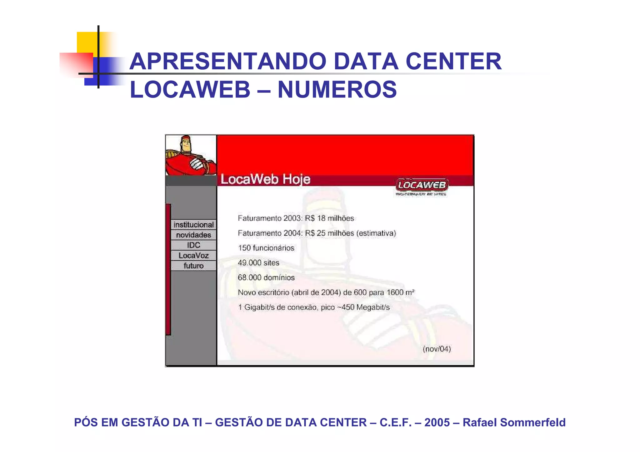 APRESENTANDO DATA CENTER
        LOCAWEB – NUMEROS




PÓS EM GESTÃO DA TI – GESTÃO DE DATA CENTER – C.E.F. – 2005 – Rafael Sommerfeld
 