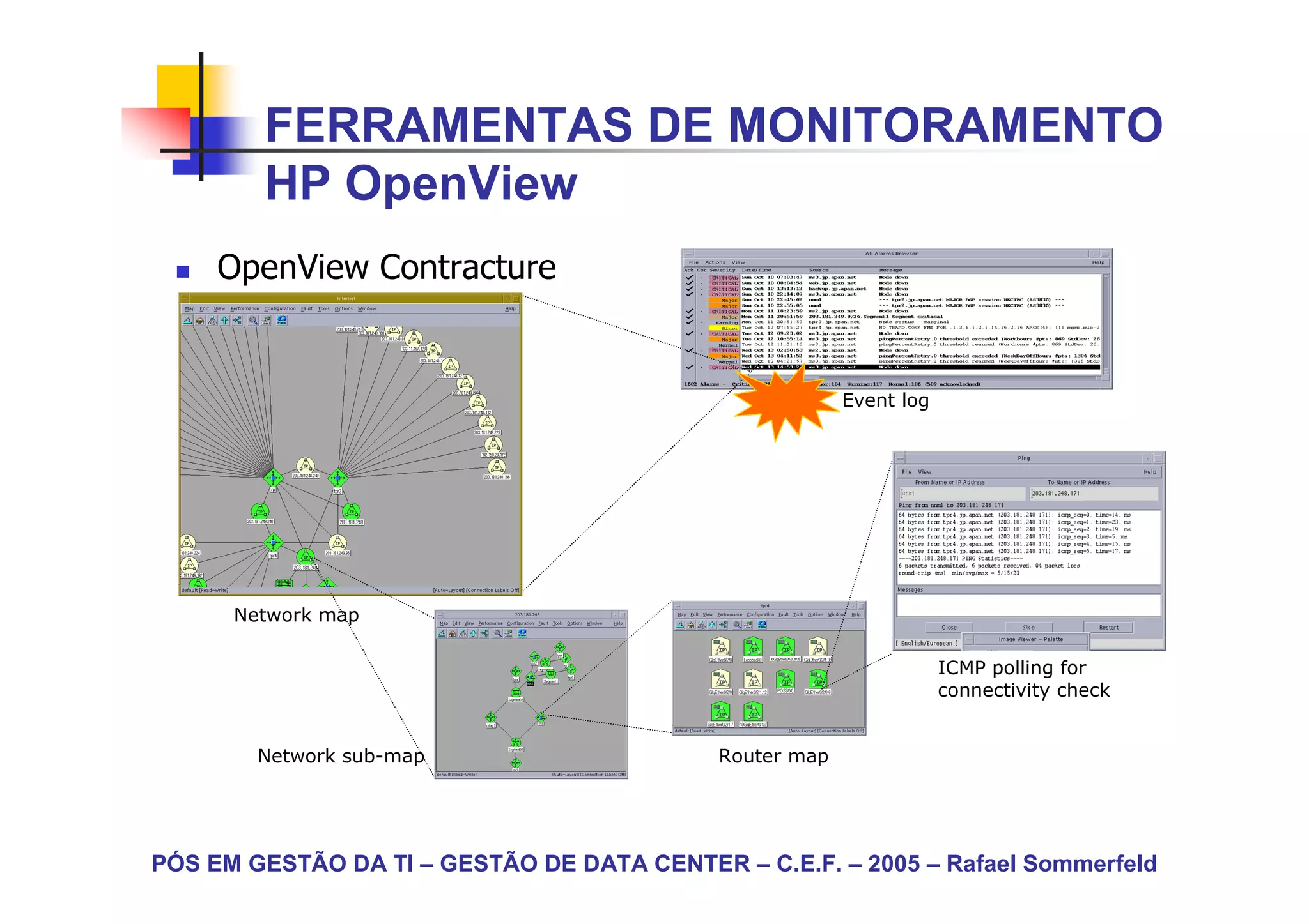FERRAMENTAS DE MONITORAMENTO
        HP OpenView
     OpenView Contracture


                                                         Event log




      Network map

                                                                     ICMP polling for
                                                                     connectivity check


        Network sub-map                     Router map




PÓS EM GESTÃO DA TI – GESTÃO DE DATA CENTER – C.E.F. – 2005 – Rafael Sommerfeld
 