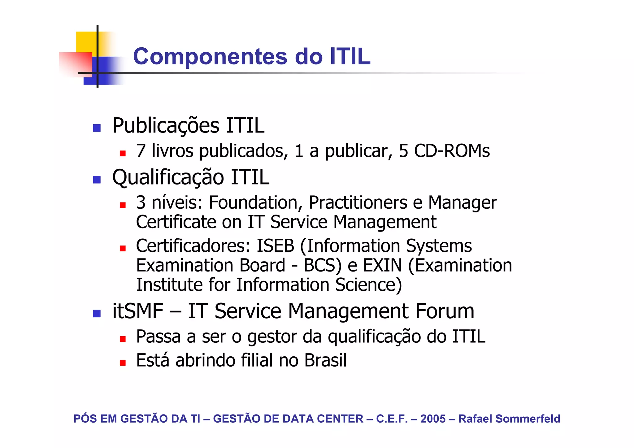 Componentes do ITIL

      Publicações ITIL
          7 livros publicados, 1 a publicar, 5 CD-ROMs
      Qualificação ITIL
          3 níveis: Foundation, Practitioners e Manager
          Certificate on IT Service Management
          Certificadores: ISEB (Information Systems
          Examination Board - BCS) e EXIN (Examination
          Institute for Information Science)
      itSMF – IT Service Management Forum
          Passa a ser o gestor da qualificação do ITIL
          Está abrindo filial no Brasil


PÓS EM GESTÃO DA TI – GESTÃO DE DATA CENTER – C.E.F. – 2005 – Rafael Sommerfeld
 