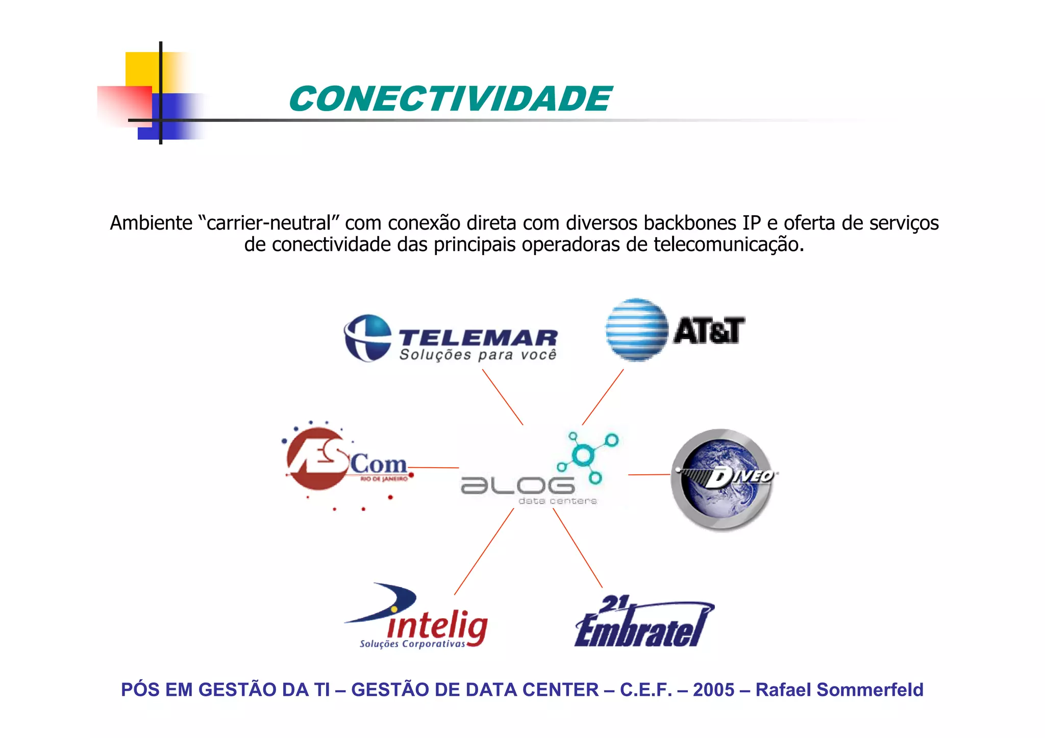 CONECTIVIDADE


Ambiente “carrier-neutral” com conexão direta com diversos backbones IP e oferta de serviços
               de conectividade das principais operadoras de telecomunicação.




 PÓS EM GESTÃO DA TI – GESTÃO DE DATA CENTER – C.E.F. – 2005 – Rafael Sommerfeld
 