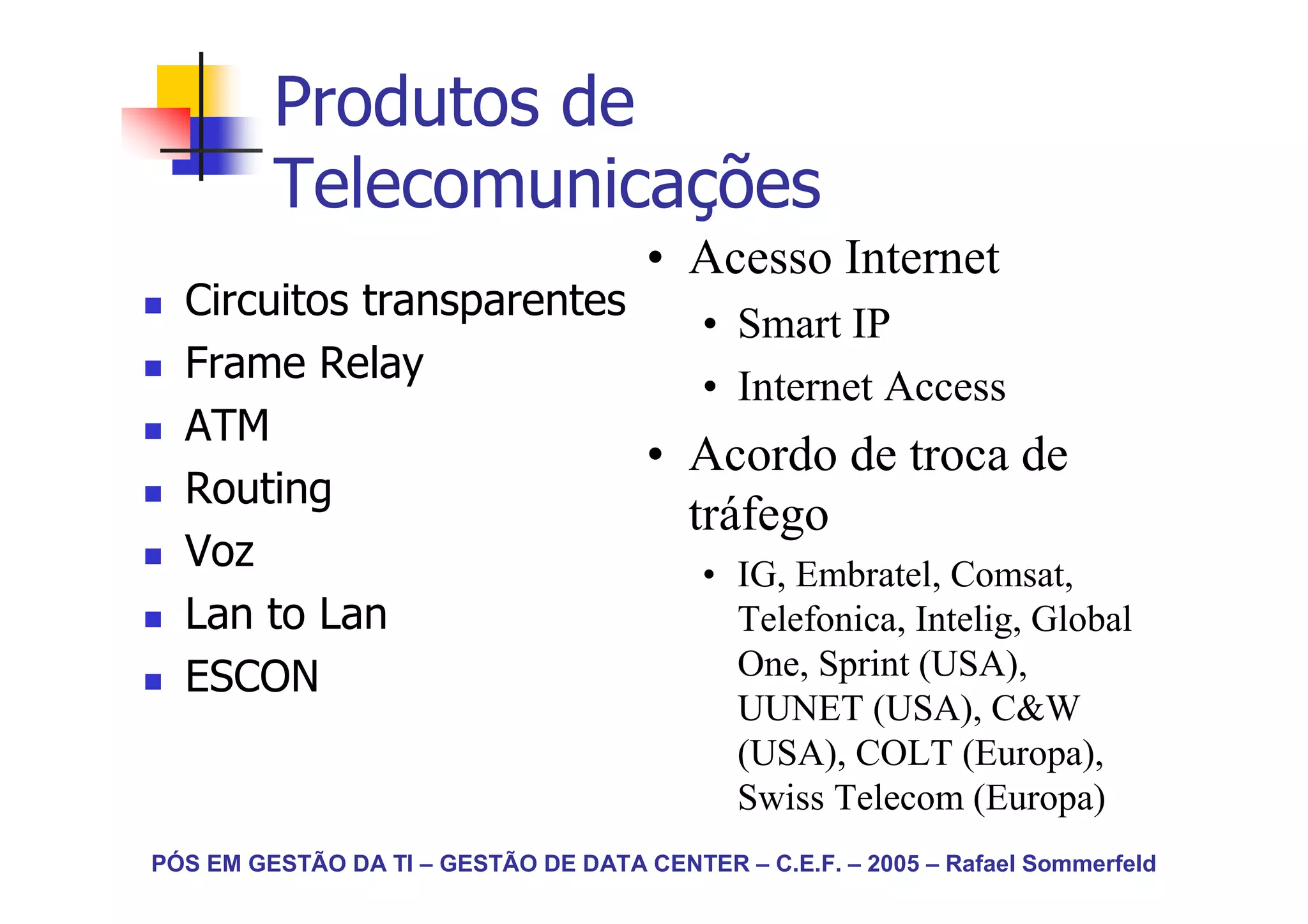 Produtos de
         Telecomunicações
                                      • Acesso Internet
  Circuitos transparentes
                             • Smart IP
  Frame Relay
                             • Internet Access
  ATM
                          • Acordo de troca de
  Routing
                            tráfego
  Voz                        • IG, Embratel, Comsat,
  Lan to Lan                   Telefonica, Intelig, Global
  ESCON                        One, Sprint (USA),
                                              UUNET (USA), C&W
                                              (USA), COLT (Europa),
                                              Swiss Telecom (Europa)
PÓS EM GESTÃO DA TI – GESTÃO DE DATA CENTER – C.E.F. – 2005 – Rafael Sommerfeld
 