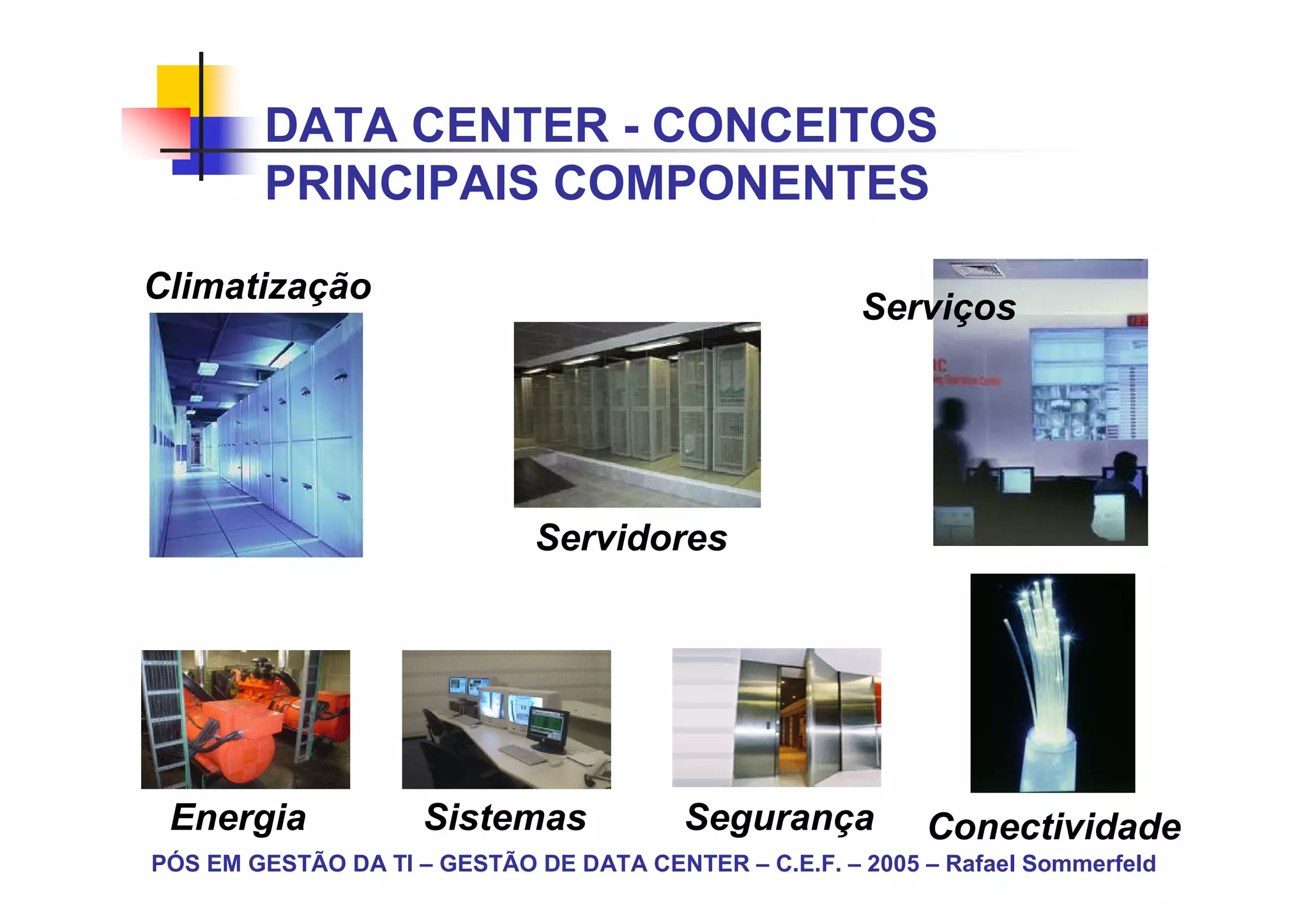 DATA CENTER - CONCEITOS
        PRINCIPAIS COMPONENTES

Climatização
                                                       Serviços




                              Servidores




 Energia             Sistemas            Segurança          Conectividade
PÓS EM GESTÃO DA TI – GESTÃO DE DATA CENTER – C.E.F. – 2005 – Rafael Sommerfeld
 