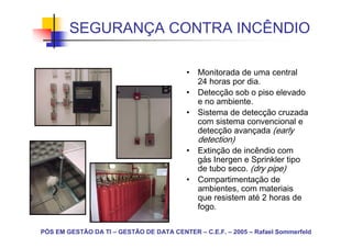 SEGURANÇA CONTRA INCÊNDIO

                                          • Monitorada de uma central
                                            24 horas por dia.
                                          • Detecção sob o piso elevado
                                            e no ambiente.
                                          • Sistema de detecção cruzada
                                            com sistema convencional e
                                            detecção avançada (early
                                             detection)
                                          • Extinção de incêndio com
                                            gás Inergen e Sprinkler tipo
                                            de tubo seco. (dry pipe)
                                          • Compartimentação de
                                            ambientes, com materiais
                                            que resistem até 2 horas de
                                            fogo.

PÓS EM GESTÃO DA TI – GESTÃO DE DATA CENTER – C.E.F. – 2005 – Rafael Sommerfeld
 