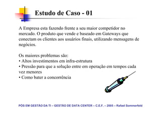 Estudo de Caso - 01

A Empresa esta fazendo frente a seu maior competidor no
mercado. O produto que vende e baseado em Gateways que
conectam os clientes aos usuários finais, utilizando mensagens de
negócios.

Os maiores problemas são:
• Altos investimentos em infra-estrutura
• Pressão para que a solução entre em operação em tempos cada
vez menores
• Como bater a concorrência




PÓS EM GESTÃO DA TI – GESTÃO DE DATA CENTER – C.E.F. – 2005 – Rafael Sommerfeld
 