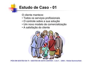 Estudo de Caso - 01
            O cliente manteve:
            • Todos os serviços profissionais
            • O controle sobre a sua solução
            • Um novo modelo de comercialização
            • A satisfação do cliente




PÓS EM GESTÃO DA TI – GESTÃO DE DATA CENTER – C.E.F. – 2005 – Rafael Sommerfeld
 