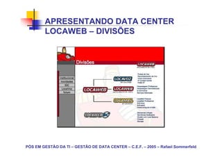 APRESENTANDO DATA CENTER
        LOCAWEB – DIVISÕES




PÓS EM GESTÃO DA TI – GESTÃO DE DATA CENTER – C.E.F. – 2005 – Rafael Sommerfeld
 