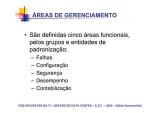 ÁREAS DE GERENCIAMENTO


   • São definidas cinco áreas funcionais,
     pelos grupos e entidades de
     padronização:
        –   Falhas
        –   Configuração
        –   Segurança
        –   Desempenho
        –   Contabilização


PÓS EM GESTÃO DA TI – GESTÃO DE DATA CENTER – C.E.F. – 2005 – Rafael Sommerfeld
 