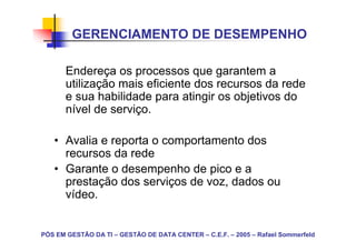 GERENCIAMENTO DE DESEMPENHO

       Endereça os processos que garantem a
       utilização mais eficiente dos recursos da rede
       e sua habilidade para atingir os objetivos do
       nível de serviço.

   • Avalia e reporta o comportamento dos
     recursos da rede
   • Garante o desempenho de pico e a
     prestação dos serviços de voz, dados ou
     vídeo.


PÓS EM GESTÃO DA TI – GESTÃO DE DATA CENTER – C.E.F. – 2005 – Rafael Sommerfeld
 