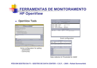 FERRAMENTAS DE MONITORAMENTO
        HP OpenView

       OpenView Tools




                                                       Event configuration




         Snmp configuration for polling
          - parameters
          - community



                                          Data collection & Thresholds for SNMP



PÓS EM GESTÃO DA TI – GESTÃO DE DATA CENTER – C.E.F. – 2005 – Rafael Sommerfeld
 