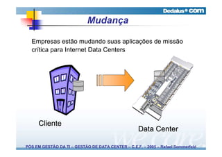 Mudança

  Empresas estão mudando suas aplicações de missão
  crítica para Internet Data Centers




     Cliente
                                                    Data Center

PÓS EM GESTÃO DA TI – GESTÃO DE DATA CENTER – C.E.F. – 2005 – Rafael Sommerfeld
 