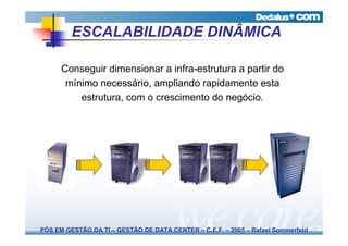 ESCALABILIDADE DINÂMICA

      Conseguir dimensionar a infra-estrutura a partir do
       mínimo necessário, ampliando rapidamente esta
          estrutura, com o crescimento do negócio.




PÓS EM GESTÃO DA TI – GESTÃO DE DATA CENTER – C.E.F. – 2005 – Rafael Sommerfeld
 