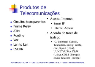 Produtos de
         Telecomunicações
                                      • Acesso Internet
  Circuitos transparentes
                             • Smart IP
  Frame Relay
                             • Internet Access
  ATM
                          • Acordo de troca de
  Routing
                            tráfego
  Voz                        • IG, Embratel, Comsat,
  Lan to Lan                   Telefonica, Intelig, Global
  ESCON                        One, Sprint (USA),
                                              UUNET (USA), C&W
                                              (USA), COLT (Europa),
                                              Swiss Telecom (Europa)
PÓS EM GESTÃO DA TI – GESTÃO DE DATA CENTER – C.E.F. – 2005 – Rafael Sommerfeld
 