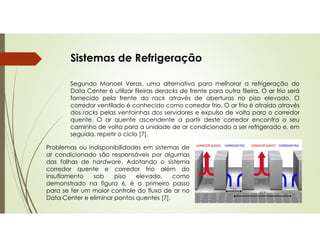 Sistemas de Refrigeração
Problemas ou indisponibilidades em sistemas de
ar condicionado são responsáveis por algumas
das falhas de hardware. Adotando o sistema
corredor quente e corredor frio além do
insuflamento sob piso elevado, como
demonstrado na figura 6, é o primeiro passo
para se ter um maior controle do fluxo de ar no
Data Center e eliminar pontos quentes [7].
Segundo Manoel Veras, uma alternativa para melhorar a refrigeração do
Data Center é utilizar fileiras deracks de frente para outra fileira. O ar frio será
fornecido pela frente do rack através de aberturas no piso elevado. O
corredor ventilado é conhecido como corredor frio. O ar frio é atraído através
dos racks pelas ventoinhas dos servidores e expulso de volta para o corredor
quente. O ar quente ascendente a partir deste corredor encontra o seu
caminho de volta para a unidade de ar condicionado a ser refrigerado e, em
seguida, repetir o ciclo [7].
 