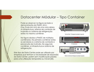 Datacenter Módular – Tipo Container
Pode-se observar na figura ao lado a
demonstração do PMDC All-in-
One (Tudo em Um) de uma vista aérea.
A infraestrutura, sistema de combate de
incêndio e o sistema de refrigeração
estão no mesmo contêiner.
Na figura abaixo o PMDC de múltiplos
contêineres. No primeiro contêiner estão
os servidores e o sistema de combate e
prevenção de incêndio. No segundo
contêiner, a infraestrutura e sistema de
refrigeração.
Este tipo de Data Center pode ser utilizado por
empresas que tenham a necessidade de expansão
do Data Center, porém sem modificação predial,
para uma utilização temporária ou móvel [20].
 