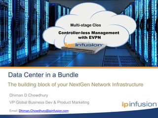 2018 1
Multi-stage Clos
Controller-less Management
with EVPN
The building block of your NextGen Network Infrastructure
Dhiman D Chowdhury
VP Global Business Dev & Product Marketing
Email: Dhiman.Chowdhury@ipinfusion.com
Data Center in a Bundle