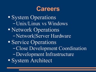 Careers System Operations Unix/Linux vs Windows Network Operations Network|Server Hardware Service Operations Close Development Coordination Development Infrastructure System Architect 