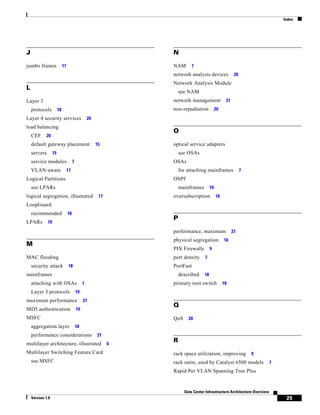 Index




J                                                                  N

jumbo frames                 11                                    NAM       7
                                                                   network analysis devices               20
                                                                   Network Analysis Module
L
                                                                       see NAM
Layer 3                                                            network management               21
    protocols           18                                         non-repudiation            20
Layer 4 security services                           20
load balancing
                                                                   O
    CEF     20
    default gateway placement                            15        optical service adapters
    servers        15                                                  see OSAs
    service modules                    7                           OSAs
    VLAN-aware                    17                                   for attaching mainframes                7
Logical Partitions                                                 OSPF
    see LPARs                                                          mainframes        19
logical segregation, illustrated                          17       oversubscription           10
LoopGuard
    recommended                   18
                                                                   P
LPARs         19
                                                                   performance, maximum                  21
                                                                   physical segregation            16
M
                                                                   PIX Firewalls         9
MAC flooding                                                       port density     7
    security attack               18                               PortFast
mainframes                                                             described    18
    attaching with OSAs                         7                  primary root switch             18
    Layer 3 protocols                      19
maximum performance                             21
                                                                   Q
MD5 authentication                         19
MSFC                                                               QoS     20
    aggregation layer                      18
    performance considerations                           21
multilayer architecture, illustrated                           6
                                                                   R
Multilayer Switching Feature Card                                  rack space utilization, improving               9
    see MSFC                                                       rack units, used by Catalyst 6500 models                 7
                                                                   Rapid Per VLAN Spanning Tree Plus


                                                                         Data Center Infrastructure Architecture Overview
    Version 1.0                                                                                                                  25
 