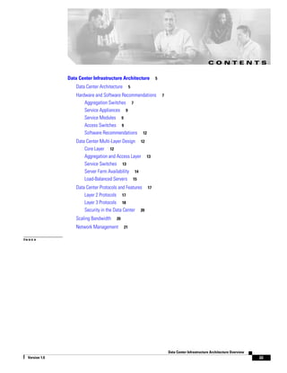 CONTENTS

               Data Center Infrastructure Architecture     5

                   Data Center Architecture        5

                   Hardware and Software Recommendations       7
                       Aggregation Switches 7
                       Service Appliances 9
                       Service Modules 9
                       Access Switches 9
                       Software Recommendations 12
                   Data Center Multi-Layer Design 12
                       Core Layer 12
                       Aggregation and Access Layer 13
                       Service Switches 13
                       Server Farm Availability 14
                       Load-Balanced Servers 15
                   Data Center Protocols and Features 17
                       Layer 2 Protocols 17
                       Layer 3 Protocols 18
                       Security in the Data Center 20
                   Scaling Bandwidth    20

                   Network Management         21

INDEX




                                                                   Data Center Infrastructure Architecture Overview
 Version 1.0                                                                                                          iii
 