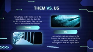 THEM VS. US
Them
Venus has a pretty name and is the
second planet from the Sun. It’s
terribly hot, even hotter than Mercury,
and its atmosphere is poisonous
Us
Mercury is the closest planet to the
Sun and the smallest one in the Solar
System. This planet's name has
nothing to do with the liquid metal
 