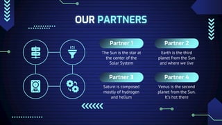 OUR PARTNERS
Partner 1
The Sun is the star at
the center of the
Solar System
Partner 2
Earth is the third
planet from the Sun
and where we live
Partner 3
Saturn is composed
mostly of hydrogen
and helium
Partner 4
Venus is the second
planet from the Sun.
It’s hot there
 