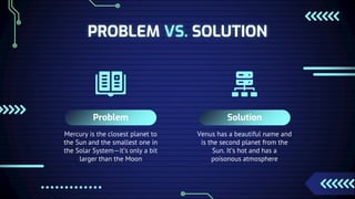 PROBLEM VS. SOLUTION
Problem
Mercury is the closest planet to
the Sun and the smallest one in
the Solar System—it’s only a bit
larger than the Moon
Solution
Venus has a beautiful name and
is the second planet from the
Sun. It’s hot and has a
poisonous atmosphere
 