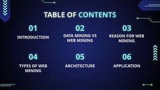 TABLE OF CONTENTS
INTRODUCTION
01
DATA MINING VS
WEB MINING
02
REASON FOR WEB
MINING
03
TYPES OF WEB
MINING
04
ARCHITECTURE
05
APPLICATION
06
 