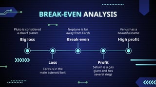 BREAK-EVEN ANALYSIS
Profit
Saturn is a gas
giant and has
several rings
Loss
Ceres is in the
main asteroid belt
Big loss
Pluto is considered
a dwarf planet
High profit
Venus has a
beautiful name
Break-even
Neptune is far
away from Earth
 